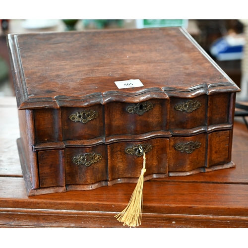 465 - An antique Dutch Cape style jewellery casket with sloping top, serpentine front with lower drawer an... 