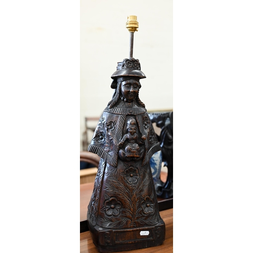 472 - A Continental stained and carved pine Madonna & Child, as a table lamp, 59 cm high