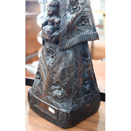 472 - A Continental stained and carved pine Madonna & Child, as a table lamp, 59 cm high