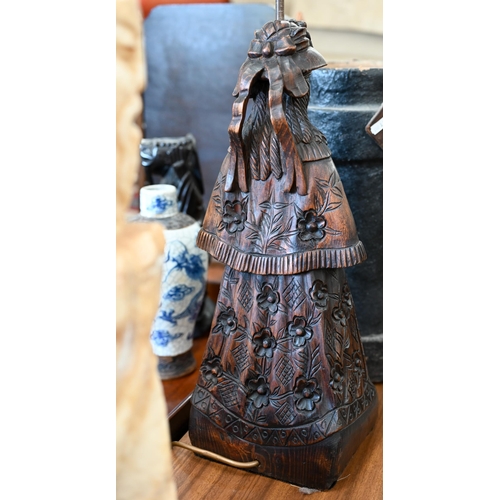 472 - A Continental stained and carved pine Madonna & Child, as a table lamp, 59 cm high