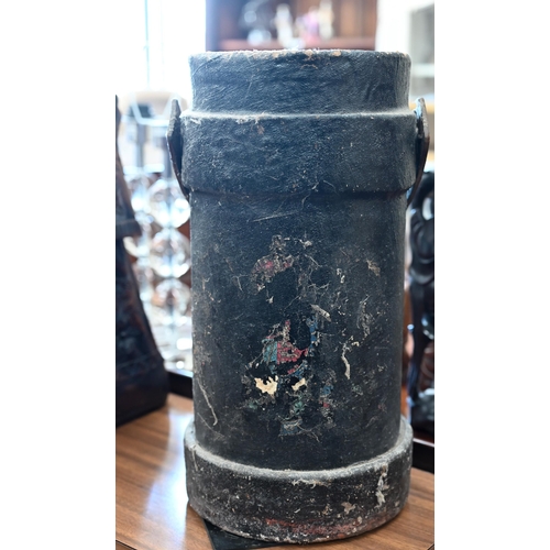 473 - An antique Naval shot/powder-bucket with vestigial painted coat of arms