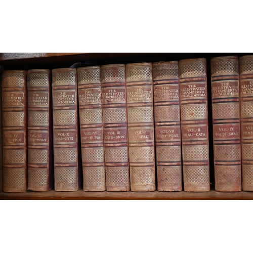 479 - Various large leather-bound and other vols, including 1908 Chambers Illustrated Encylopedia, 10 vols... 