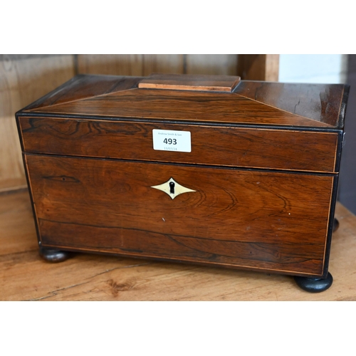 493 - A Regency rosewood sarcophagus tea caddy with bone escutcheon, on bun feet, 33 cm wide