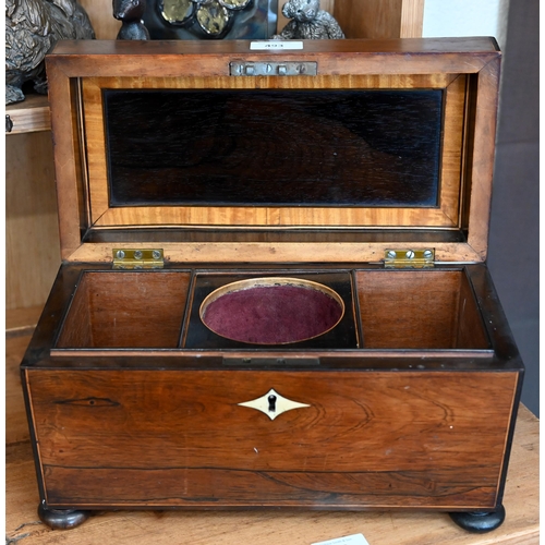 493 - A Regency rosewood sarcophagus tea caddy with bone escutcheon, on bun feet, 33 cm wide