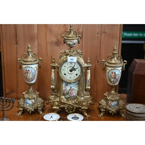 499 - A reproduction brass and ceramic three piece clock garniture set to/w a pair of mirror obelisk giltw... 