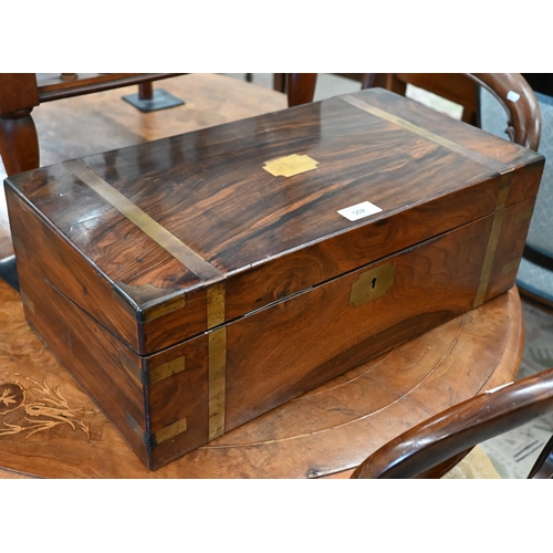 502 - A Victorian brass-bound walnut writing slope with fitted interior and secret compartment, 51 cm wide