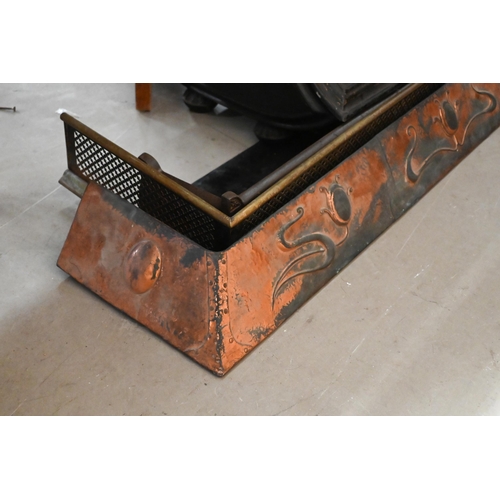 509 - A Victorian tole coal box and a brass example, to/w an Art Nouveau fire curb and two other fire curb... 