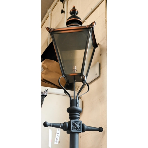 515A - A Victorian-style black cast iron-effect streetlamp post with copper four-glass lantern, approx 290 ... 