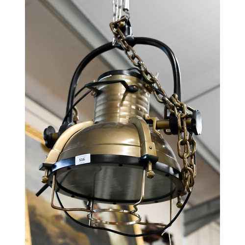 516 - A large industrial style hanging ceiling light fitting, 40 cm dia. x approx. 60 cm h plus suspension... 