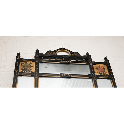 517 - A Victorian Aesthetic Movement parcel gilt and ebonised over-mantel mirror with an arrangement of di... 