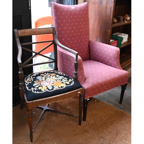 520 - An antique Irish upholstered humpback armchair to/with a Georgian open armchair, both a/f (2)