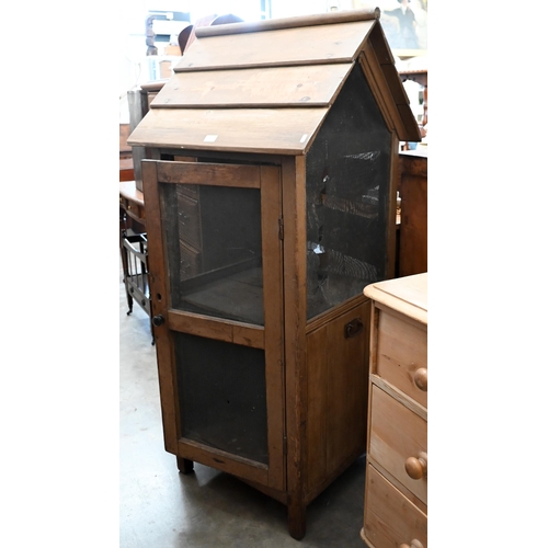 78 - Antique French pine meat safe with pitched top and metal mesh panels (some damaged), 65 x 65 x 148 c... 