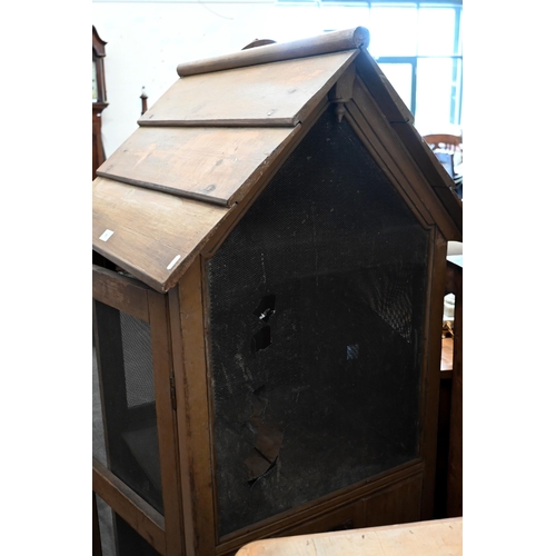 78 - Antique French pine meat safe with pitched top and metal mesh panels (some damaged), 65 x 65 x 148 c... 