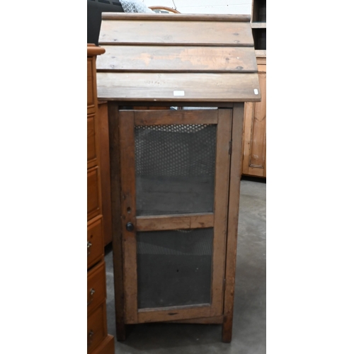 78 - Antique French pine meat safe with pitched top and metal mesh panels (some damaged), 65 x 65 x 148 c... 