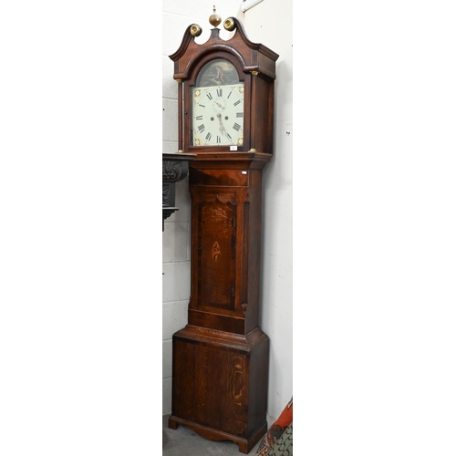 85 - Early 19th century oak and mahogany longcase clock, painted dial with subsidiary seconds dial on eig... 