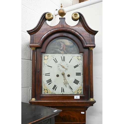 85 - Early 19th century oak and mahogany longcase clock, painted dial with subsidiary seconds dial on eig... 