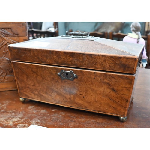 90 - A Regency mahogany sarcophagus tea caddy, fitted twin-compartment interior with glass mixing bowl, b... 