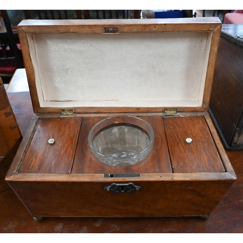 90 - A Regency mahogany sarcophagus tea caddy, fitted twin-compartment interior with glass mixing bowl, b... 