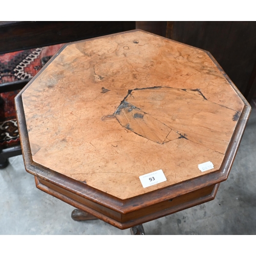 93 - A Victorian octagonal walnut sewing table with carved tripod base, 42 cm diam x 70 cm high