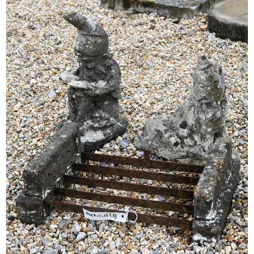 16 - An old boot scraper to/with a cast stone garden gnome and a fox, all a/f (3)