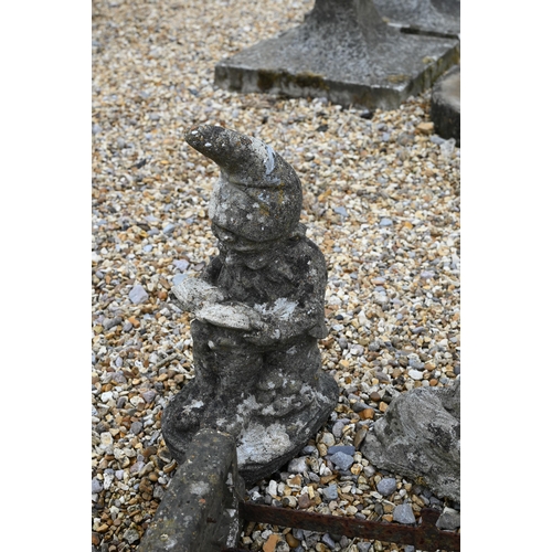 16 - An old boot scraper to/with a cast stone garden gnome and a fox, all a/f (3)