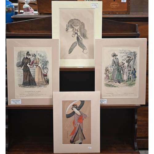 324 - Mixed mounted prints including nude photographic prints, botanical studies, costume plates etc (box)