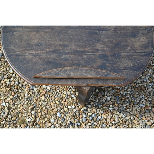 349 - An antique low circular hardwood coffee table, on four square legs, 102 cm dia. x 32 cm h, top part ... 