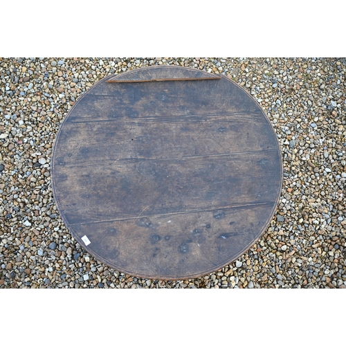 349 - An antique low circular hardwood coffee table, on four square legs, 102 cm dia. x 32 cm h, top part ... 