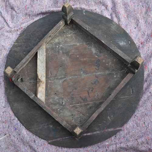 349 - An antique low circular hardwood coffee table, on four square legs, 102 cm dia. x 32 cm h, top part ... 