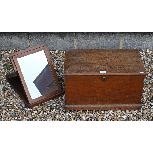 354 - A small antique teak campaign trunk with brass carrying handles, 57 cm x 35 cm x 39 cm h to/with a m... 