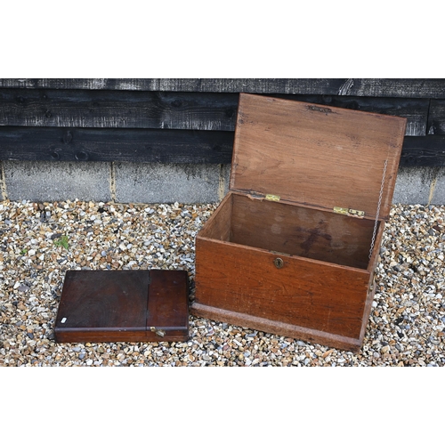 354 - A small antique teak campaign trunk with brass carrying handles, 57 cm x 35 cm x 39 cm h to/with a m... 