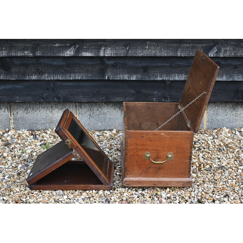 354 - A small antique teak campaign trunk with brass carrying handles, 57 cm x 35 cm x 39 cm h to/with a m... 