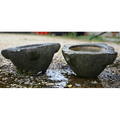 4 - Two weathered four lobe marble mortars, 32 cm and 34 cm dia. (2)