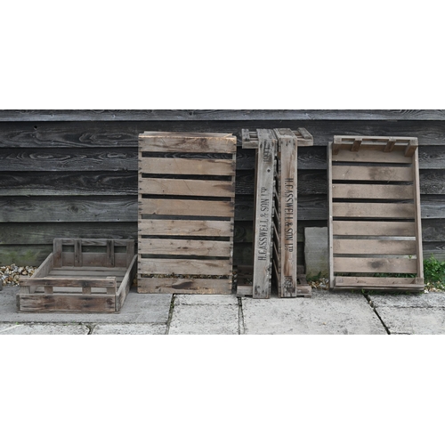 42 - H Casswell & Son Ltd, a stack of eight vintage branded wooden fruit crates, 75 cm x 45 cm x 16 c... 