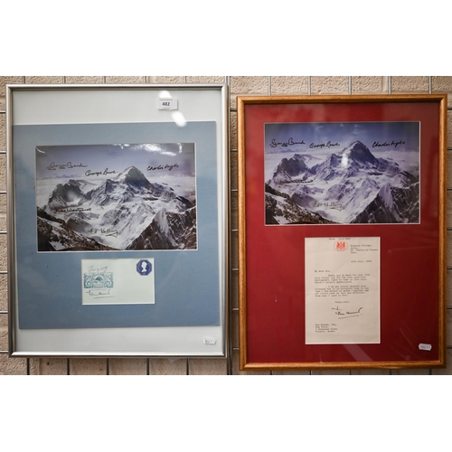 482 - Two framed photographs of Mount Everest, signed by St Edmund Hillary, George Bond, George Lowe, and ... 