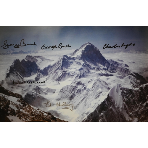 482 - Two framed photographs of Mount Everest, signed by St Edmund Hillary, George Bond, George Lowe, and ... 