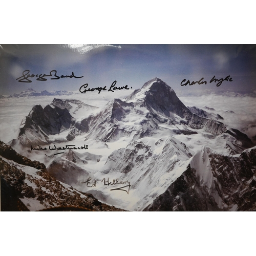 482 - Two framed photographs of Mount Everest, signed by St Edmund Hillary, George Bond, George Lowe, and ... 