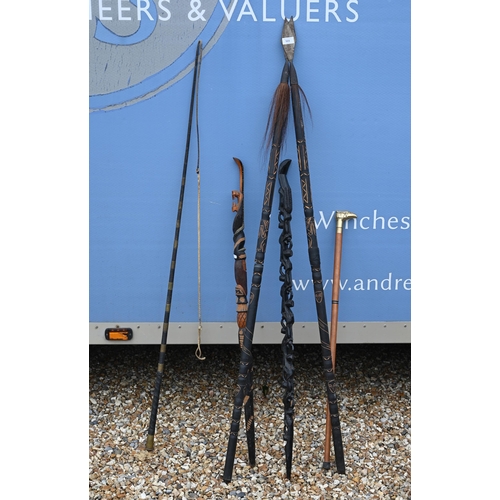 503 - Two Souvenir African spears and two sceptres/canes to/w a driving-whip, hazel walking stick and walk... 