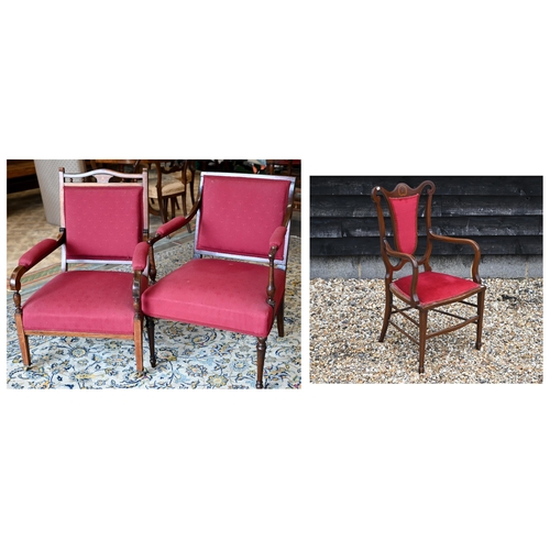 93A - An Edwardian inlaid rosewood salon chair with crimson upholstery to/w a similarly upholstered open c... 