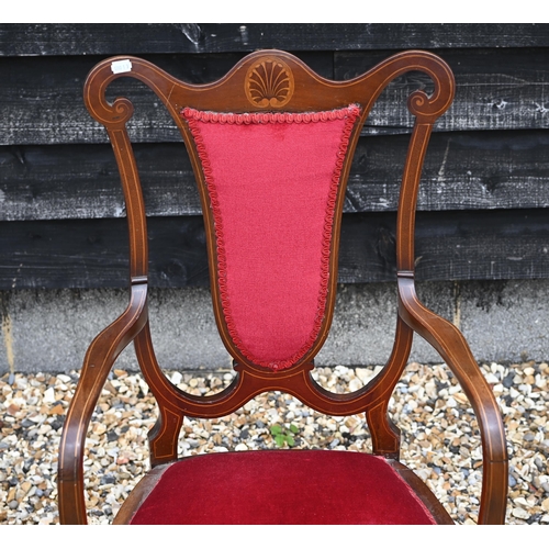 93A - An Edwardian inlaid rosewood salon chair with crimson upholstery to/w a similarly upholstered open c... 