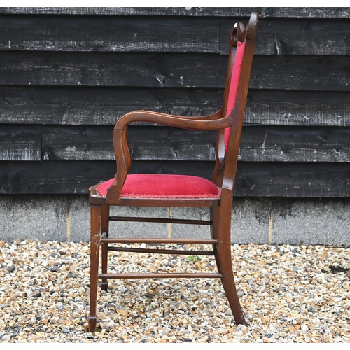 93A - An Edwardian inlaid rosewood salon chair with crimson upholstery to/w a similarly upholstered open c... 