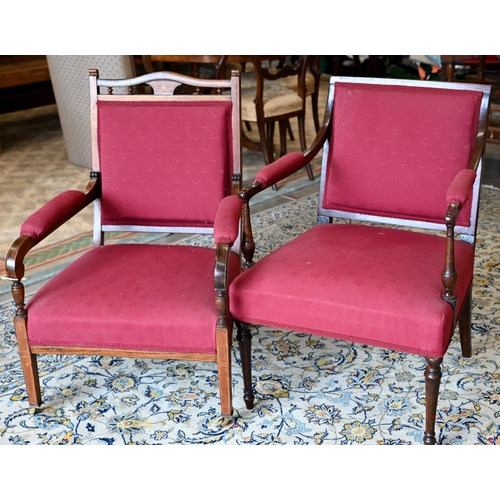 93A - An Edwardian inlaid rosewood salon chair with crimson upholstery to/w a similarly upholstered open c... 