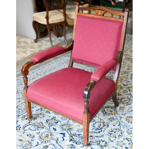 93A - An Edwardian inlaid rosewood salon chair with crimson upholstery to/w a similarly upholstered open c... 