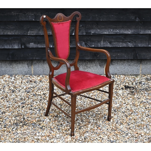 93A - An Edwardian inlaid rosewood salon chair with crimson upholstery to/w a similarly upholstered open c... 