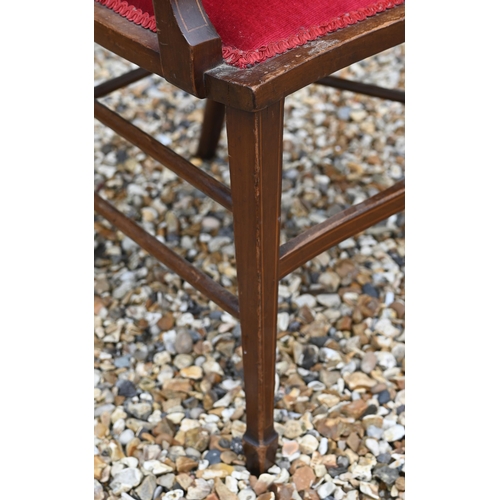 93A - An Edwardian inlaid rosewood salon chair with crimson upholstery to/w a similarly upholstered open c... 