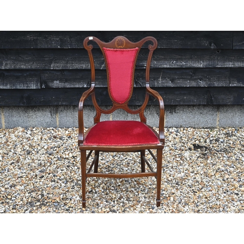 93A - An Edwardian inlaid rosewood salon chair with crimson upholstery to/w a similarly upholstered open c... 