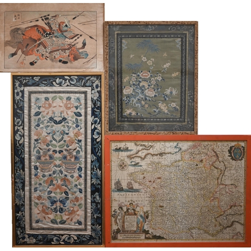 332 - Two Chinese embroidered panels, map engraving, botanical prints, loose watercolours, prints etc and ... 