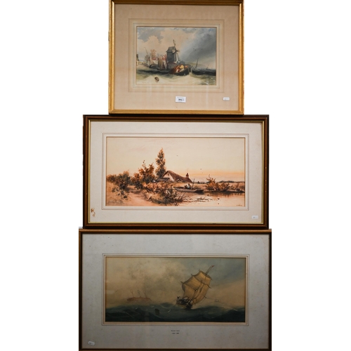 341 - J Lynn - Boats off the coast with windmill, watercolour, signed and dated 1832, 21.5 x 30 cm; E Lewi... 