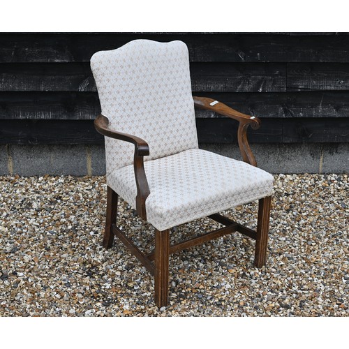 103A - # A shaped open armchair with square supports and stretcher with cream floral sprig and trellis upho... 