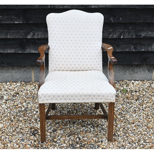 103A - # A shaped open armchair with square supports and stretcher with cream floral sprig and trellis upho... 